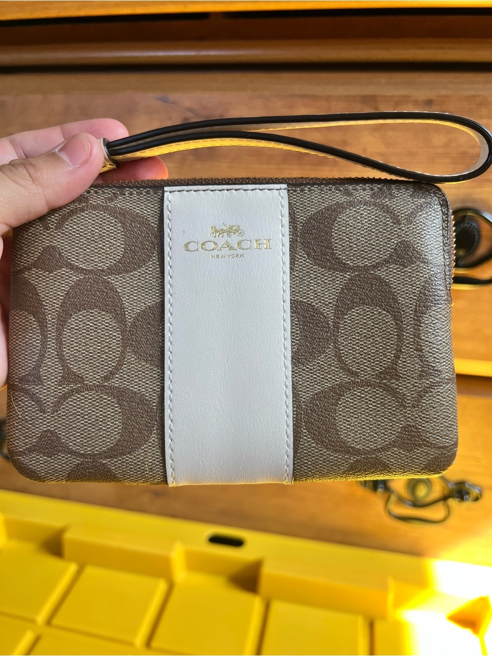 Coach Brown Signature Canvas Wristlet with White Center Stripe